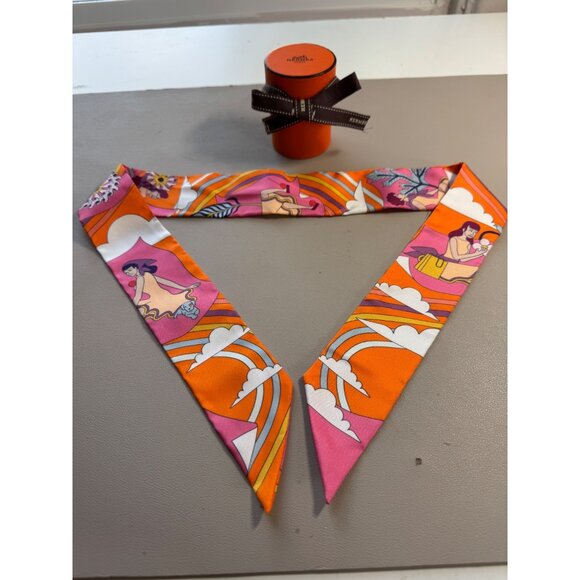 HERMES Twilly Carres Volants HG Orange/Rose Malaba, with box + ribbon - Picture 1 of 9